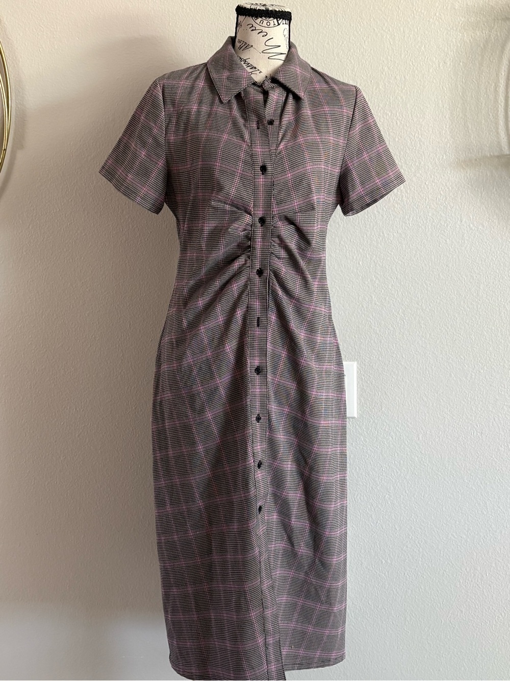 Halogen Gray Midi Shirt Dress with Pink Windowpane